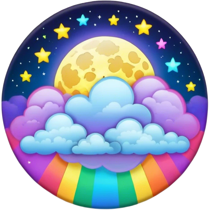 Beveled button with Neon rainbow colored damask style full moon with stars and clouds in the center emoji
