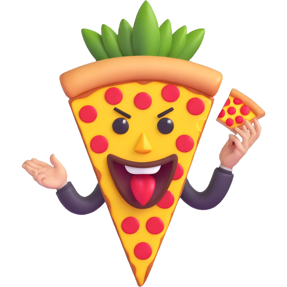 cartoon pizza slice with pineapple, red devil horns, mischievous face emoji