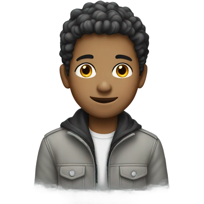 smiling boy in grey jacket, black eye emoji
