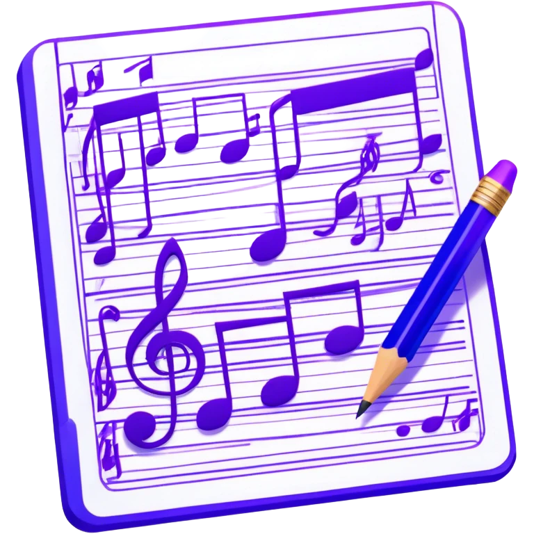 Emoji that represents music track writing. The design should feature a music composition sheet with musical notes and song lyrics, a digital audio workstation (DAW) interface or soundwaves, and a pencil or pen to symbolize the writing process. Add a touch of technology with subtle elements like sound mixing sliders or waveform graphics. Use a blend of vibrant and inspiring colors, such as electric blue or neon purple, to evoke a sense of creativity and innovation. The background should be transparent. emoji