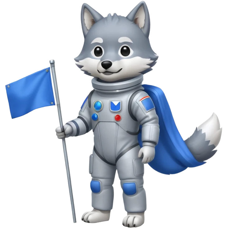 a wolf in space suit, holding blue rectangle flag, full body, front view emoji
