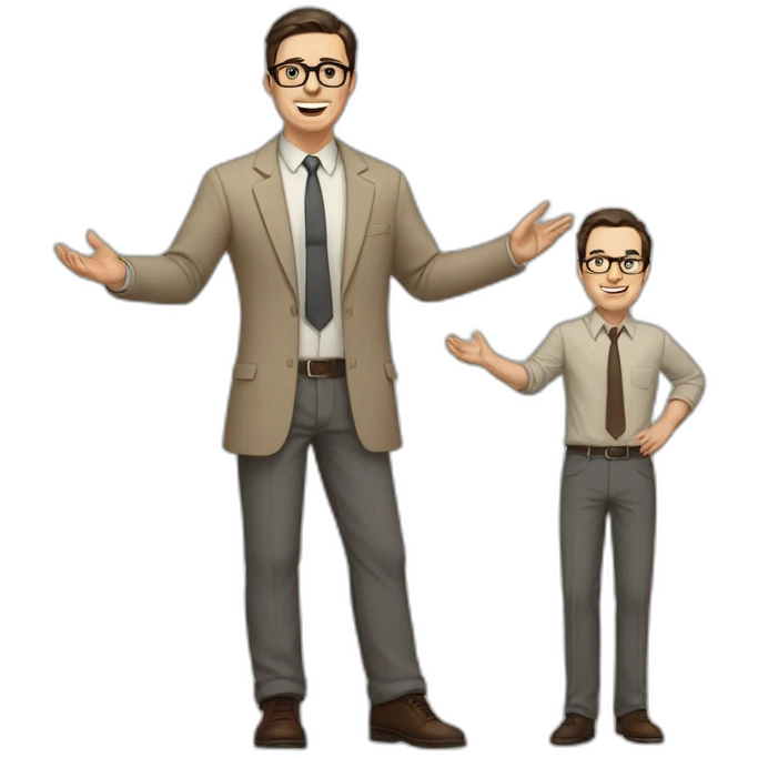 Full height Actively gesturing with hands Pale skinned fit man with dark brown hair in gray jacket, beige office shirt, brown tie, brown pants and vintage glasses. emoji