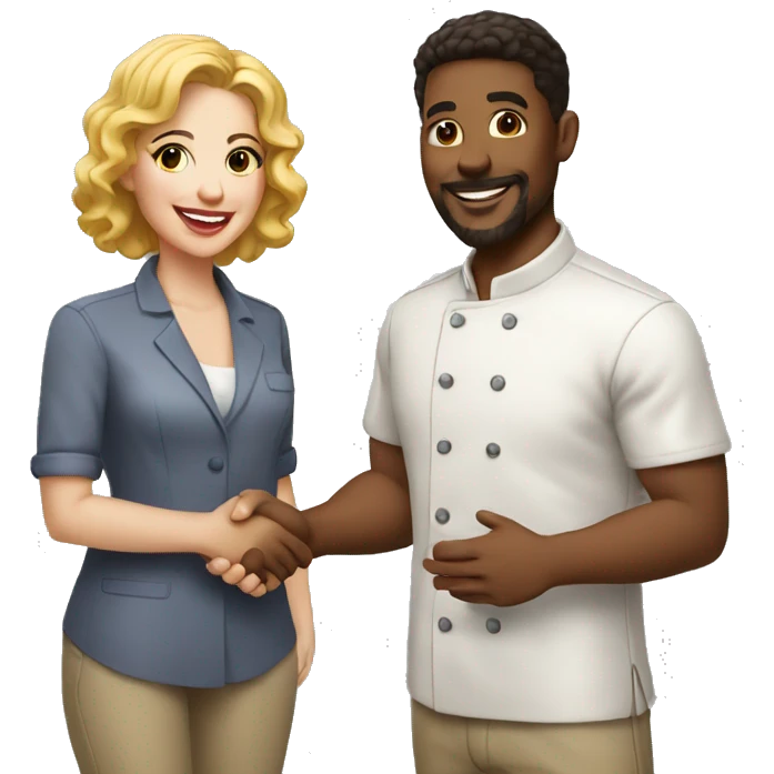 restaurant owner and blogger shaking hands, both with light skin, in great detail emoji