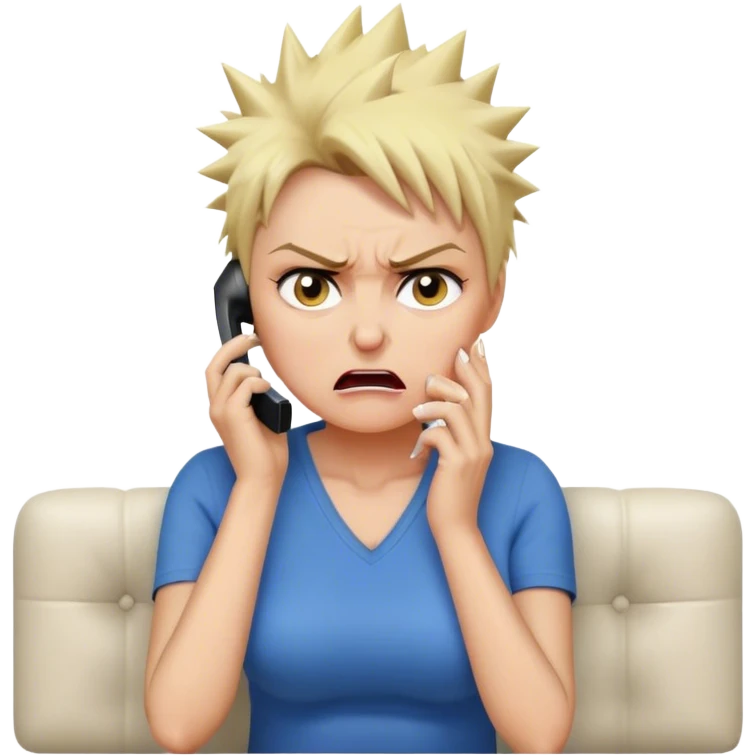 Short Blonde spikey mature woman on the phone angry sat on the sofa emoji