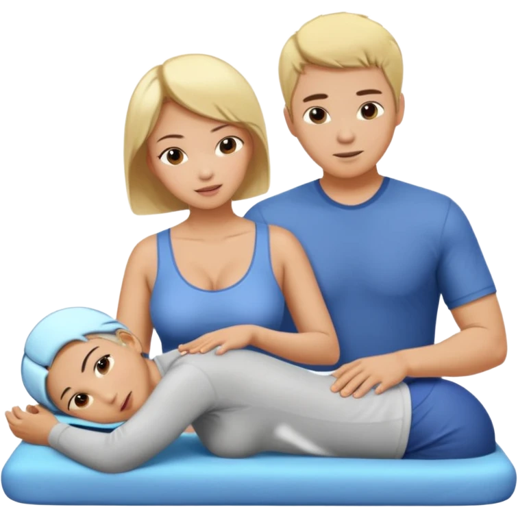 short cut busty asian woman gives a massage to a blonde haired man emoji
