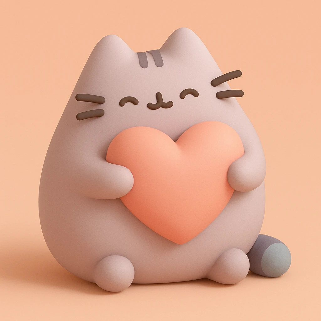 Pusheen hugging a big heart, pastel colors, adorable, mochi illustration style emoji