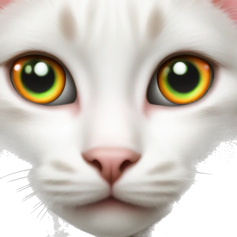 White kitten with orange and black spots  Green eyes, pink nose  Black spot on left eye  Orange spot on right eye emoji