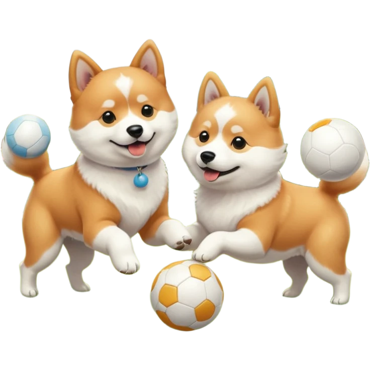 2 dogs, one ginger shiba inu and one white coton de tulear, playing with a ball in a sunny garden emoji