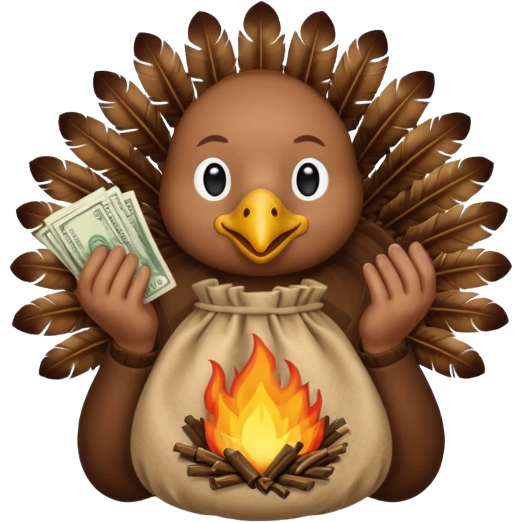 Can you create a turkey warming up a bag of money by a fire emoji