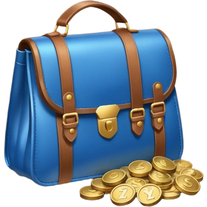 blue coins inside a brown leather bag  emoji