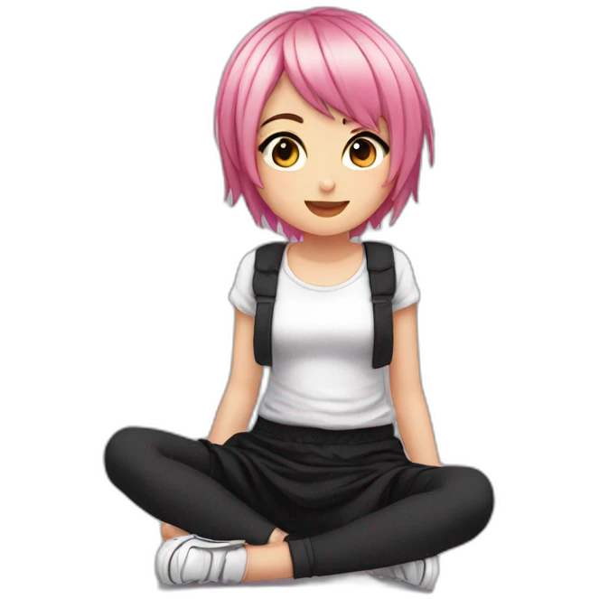 Full body Front view curvy emo girl pink hair sits on the floor straight view hands up black skirt белые трусики полосатые рваные чулки emoji