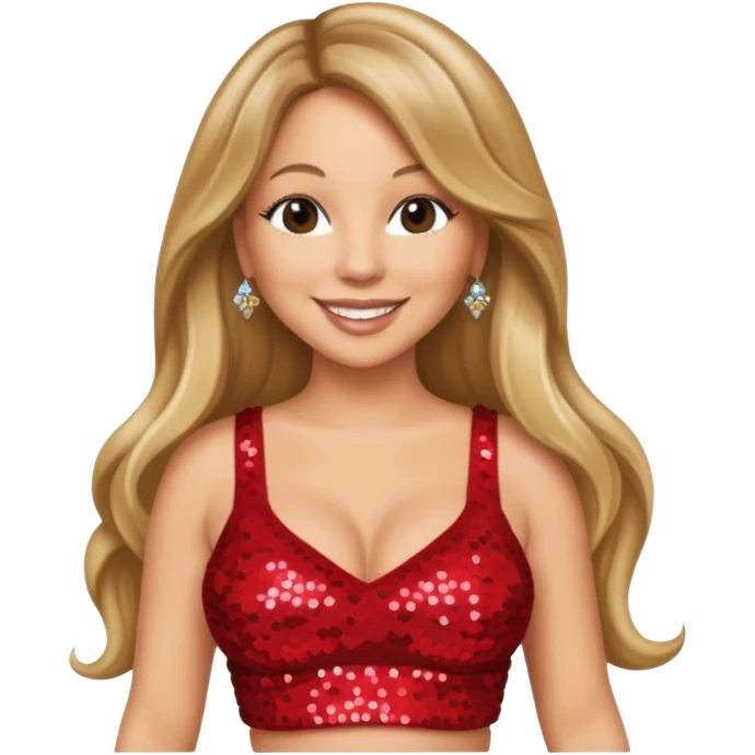 Mariah Carey with long dark blonde hair, red sequin crop top emoji