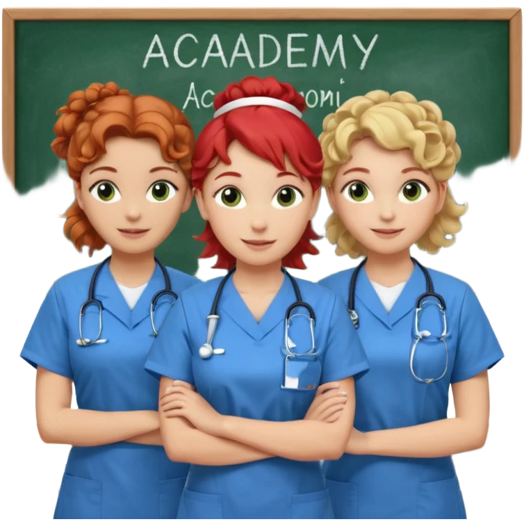 3 nurses: nurse 1 is wearing green work clothes, curly hair, middle european. nurse 2 is wearing blue work clothes, blond straight hair, scandinavic, nurse 3 is wearing white work clothes, red hair put into a bun, slavic. they all stand in a classroom, "Academy" written in white on board emoji