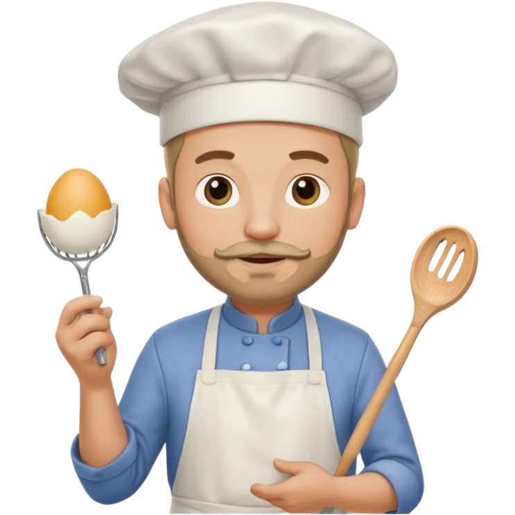 Middle aged male pastry chef - with a small beard, apron, white hat, and holding an egg beater in his hand emoji