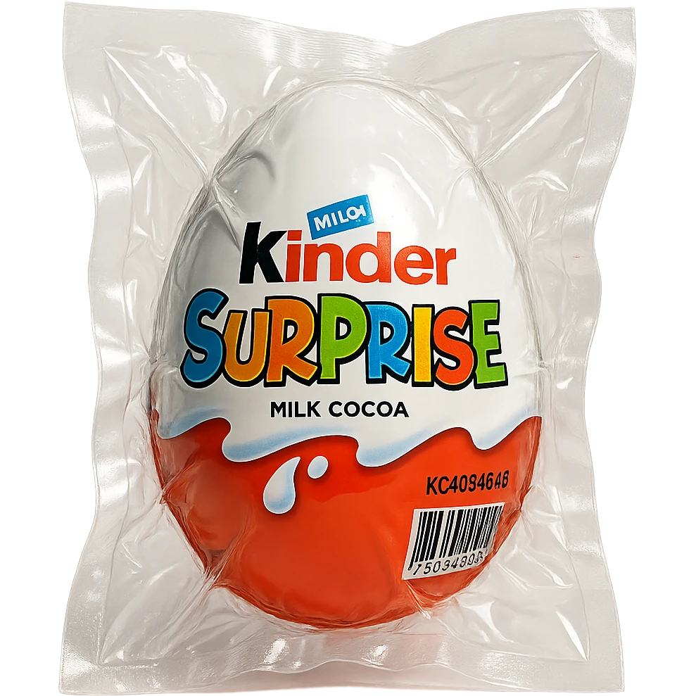 Kinder Surprise egg with standard packaging, glossy and puffy vacuum-sealed style emoji