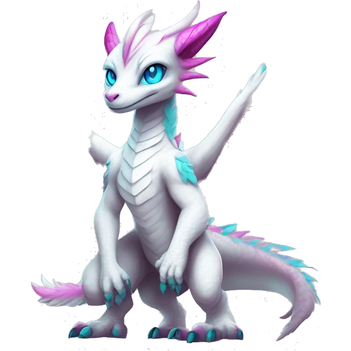 White elegant beautiful natural cute badass epic anthro modern albino Dutch Angel Dragon-vernid-Fakémon with cyan mane and magenta eyes with cyan edgy stripes, anthropomorphic, two-legged, digitigrade, full body emoji