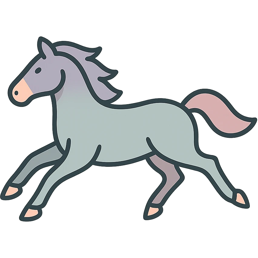 Chinese eastern style horse in pastel palette #98B5BC, #B5B3C1, #C9A3C9, #E4C0CA, #F7DCD1, #F7C0AA, thin clean outlines, soft rounded shapes, detailed shadows and highlights, soft lighting, transparent background, less cute, no decor, horse galloping with legs stretched forward and backward emoji