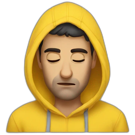Armenian men in yellow hoodie holding his head. he has a headache emoji