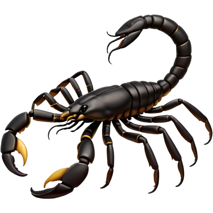 A 3D cartoon scorpion with shiny dark body and curled tail, on a light surface, realistic Memoji-style, soft lighting. emoji