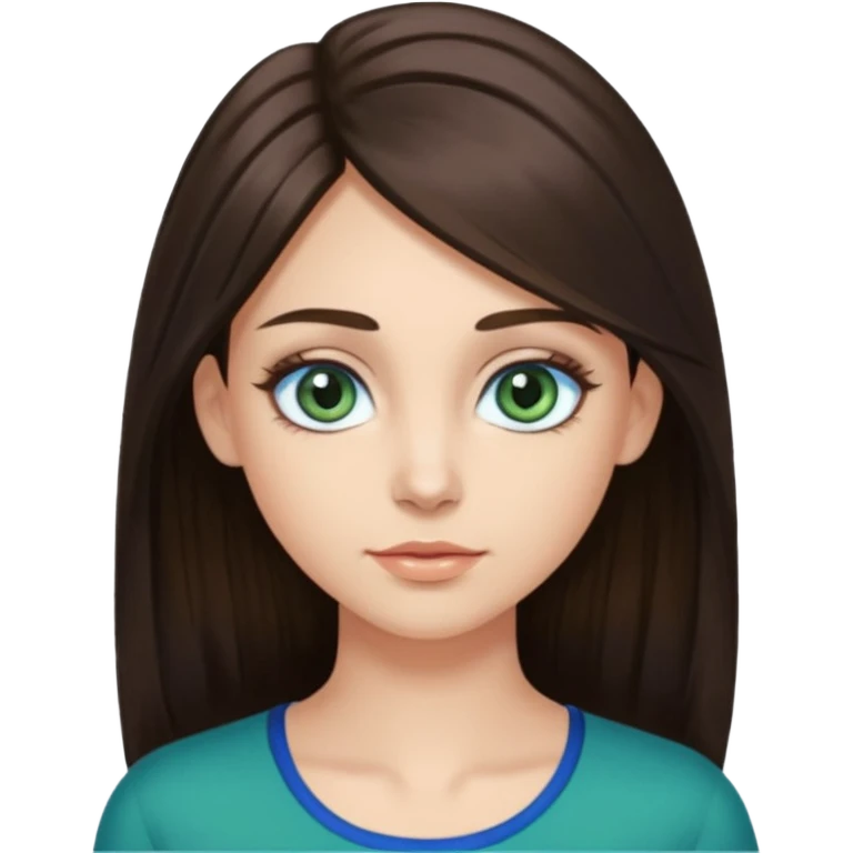 long dark brown hair with highlights in the front, big blue eyes clear skin with neck and green top on add long eyelashes must have blue eyes emoji