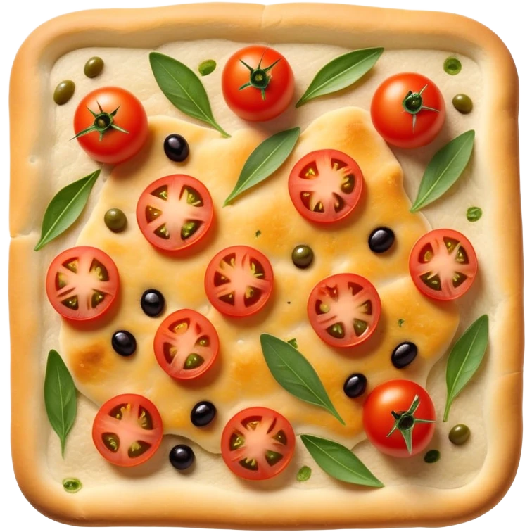 cinematic-realistic-focaccia-bread-dish-emoji,-depicted-as-a-golden,-olive-oil-brushed-flatbread-sprinkled-with-herbs-rendered-with-lifelike-texture-and-soft,-appetizing-lighting showing olives on top and the cherry tomatoes emoji