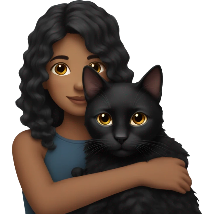 a girl with dark wavy hair hugging her black cat  emoji
