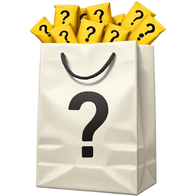 crumbled white goodie bag with yellow questions mark boxes stuffed in it emoji