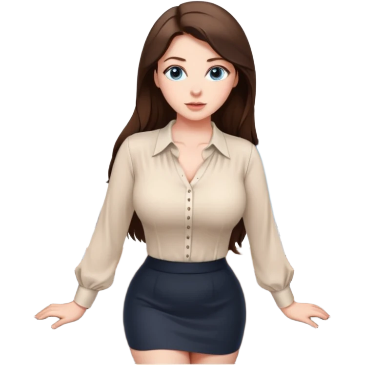 sexy woman brunette, very large breasts, pale skin, blue eyes, long brown hair, tight white blouse, short black skirt. office.  emoji