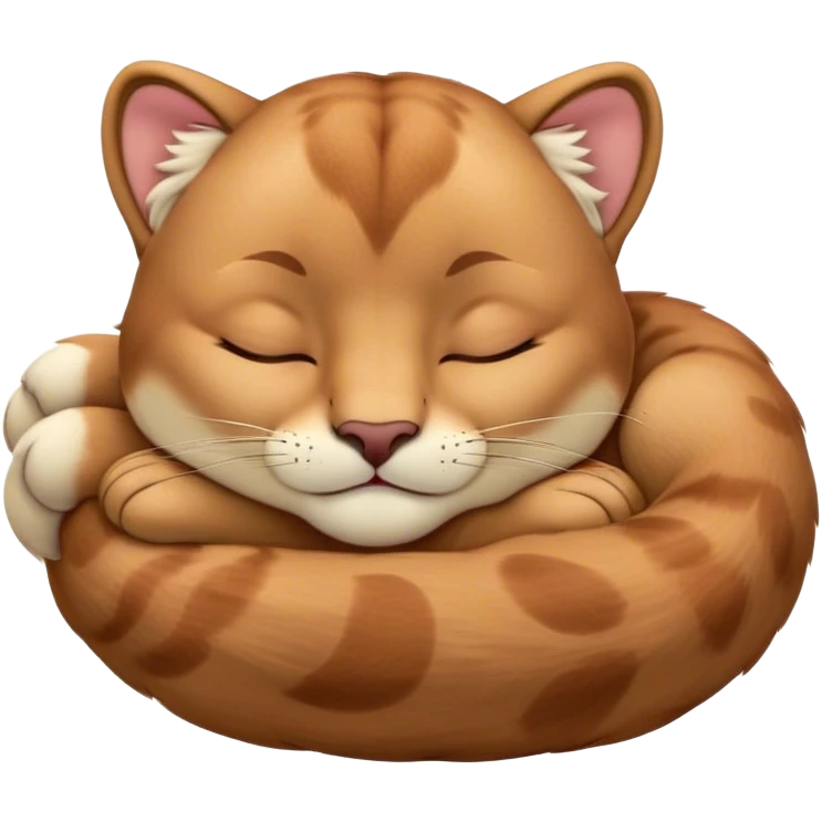 Meme-Worthy Cute Sleeping Cougar Portrait Emoji, Head resting peacefully with a contented smile, showcasing a lithe build and a luxuriously soft tawny Fur, eyes shut in a serene, restful nap, Simplified yet hilariously adorable features, highly detailed, glowing with a soft, drowsy light, high shine, relaxed and utterly lovable, stylized with an air of playful laziness, bright and heartwarming, soft glowing outline, capturing the essence of a comically sleepy cougar, so meme-worthy it feels like it could instantly become the next viral sensation of adorable slumber! emoji