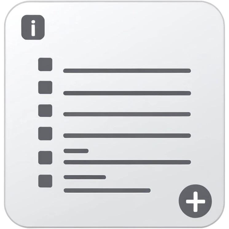 white document with rounded corners, gray plus sign in top left, three gray lines below as text, minimalist flat design emoji