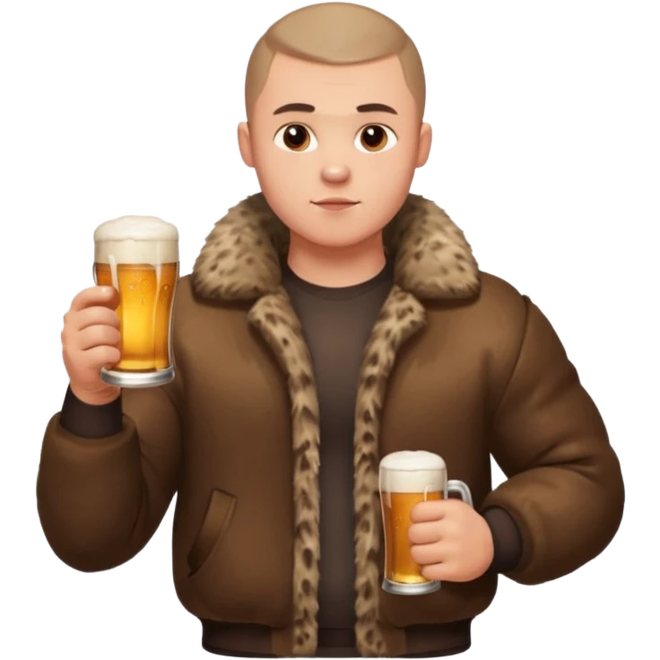 „A strong Russian young man with a buzz cut, muscular build, wearing a bear fur coat, holding a beer in one hand, confident expression, snowy background, Slavic aesthetics emoji