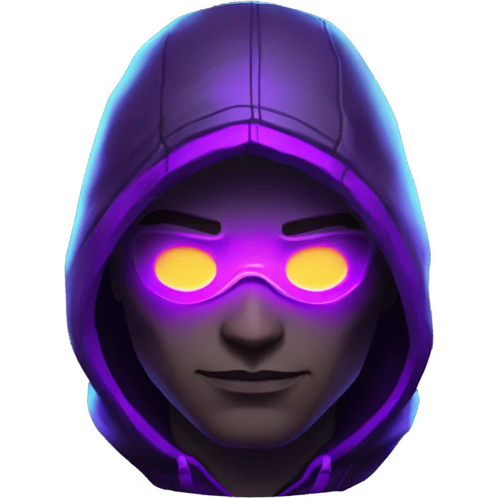 developer behind his laptop with this style : crysis Cyberpunk Valorant neon glowing bright purple character purple violet black hooded assassin themed character emoji