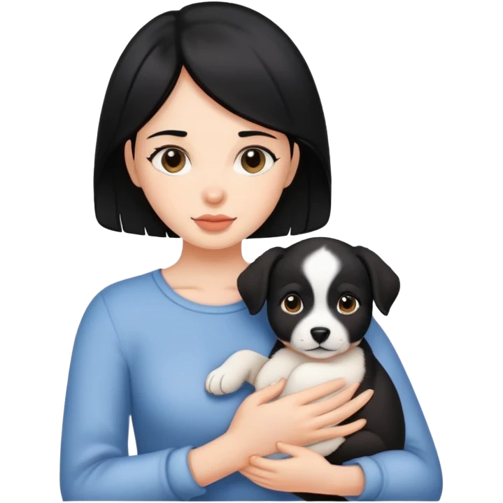 black haired woman holding a puppy emoji