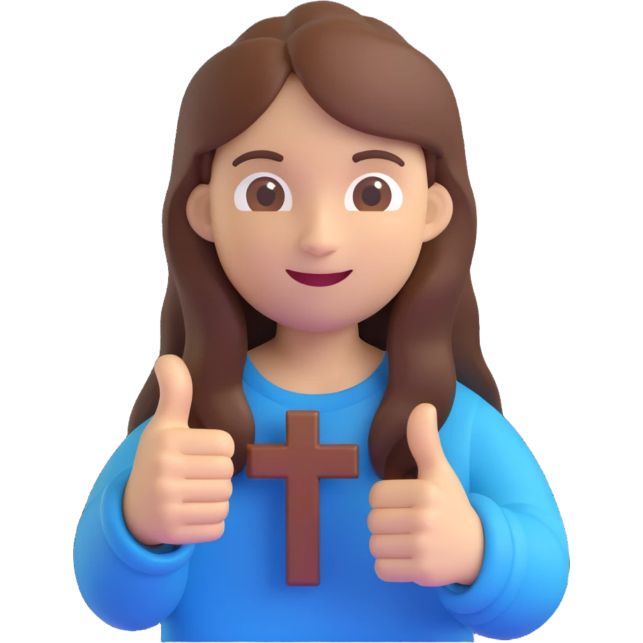 person with long brown hair holding a cross and giving a thumbs up, 3D emoji style emoji