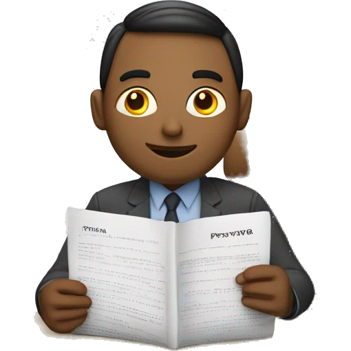 man sitting in a desk in front of notebook is holding a paper with word "prestavka" emoji