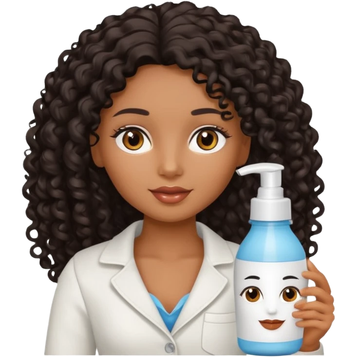 Uma boneca morena com olhos castanhos e cabelo cacheado longo preto, com creme de pentear na mão da Salon line emoji