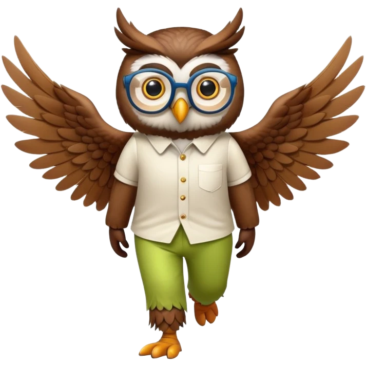 friendly anthropomorphised night owl with wings instead of arms, colourful pants and shirt, wearing glasses, walking upright, night owl features and colours, unique pose 2 emoji