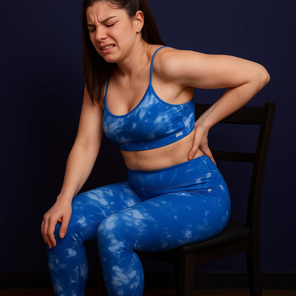 Slim woman in 4K, sitting on a chair, slightly curved back, left hand massaging the lumbar area, face contracted in back pain, inspired by the reference photo. emoji