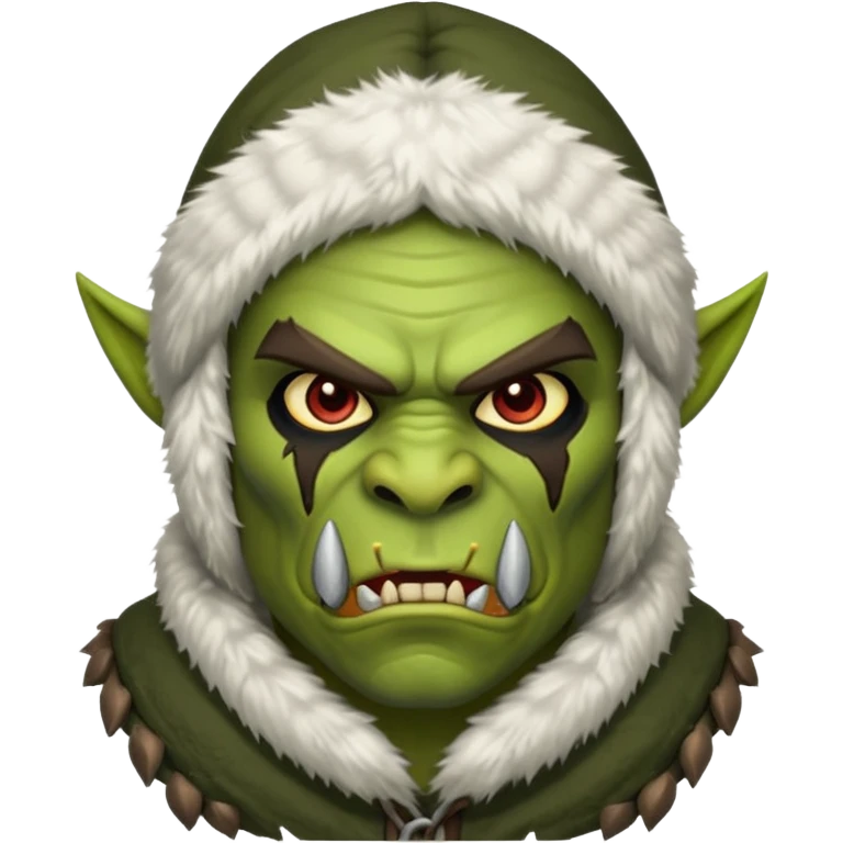 Fantasy Christmas orc raider icon, winter bandit style, fur hood, aggressive cunning expression, snowy action mood, clean emoji portrait style, male/female variant
 emoji
