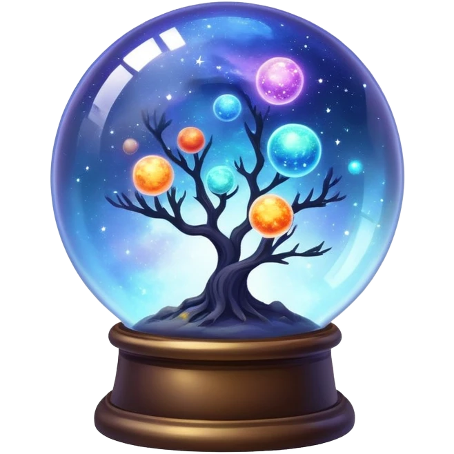Tiny sparkly magical glowing spherical nebula planets inside a glass globe dome emoji
