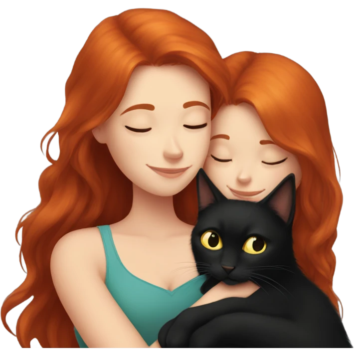 Redhead Girl cuddling with longhaired black cat emoji