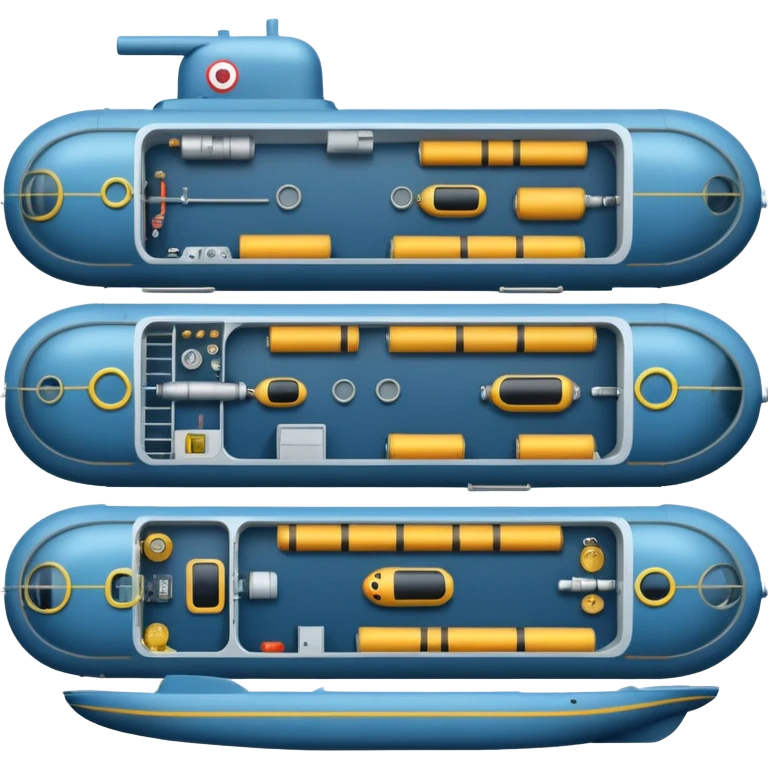 submarine floorplan, detailed interior, top-down, showing living quarters, torpedo room, engine, flat simple emoji style emoji