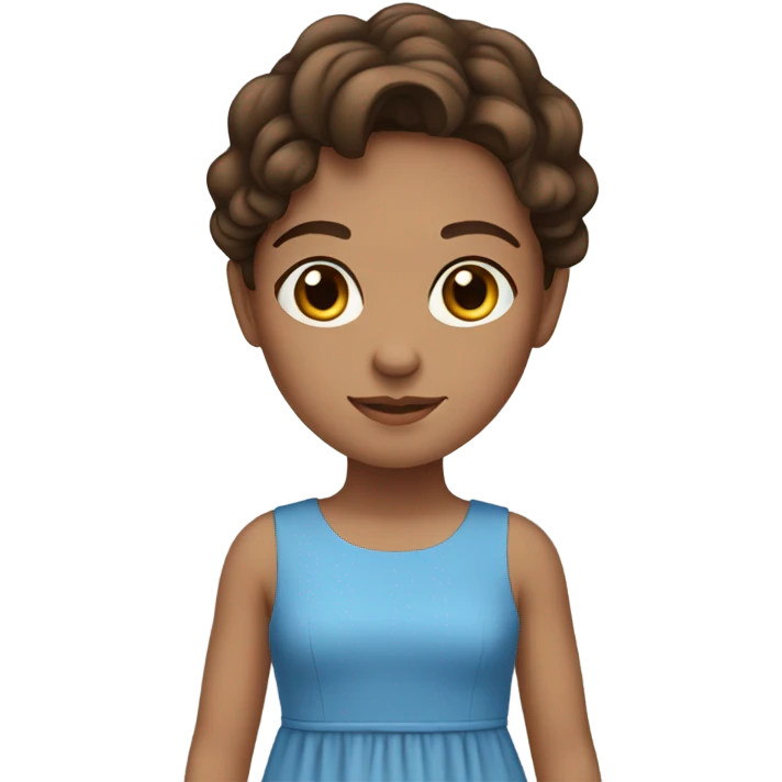 A brown haired girl with a brown eyes. with a beautiful with a beautiful blue dress on with a beautiful blue dress on. emoji