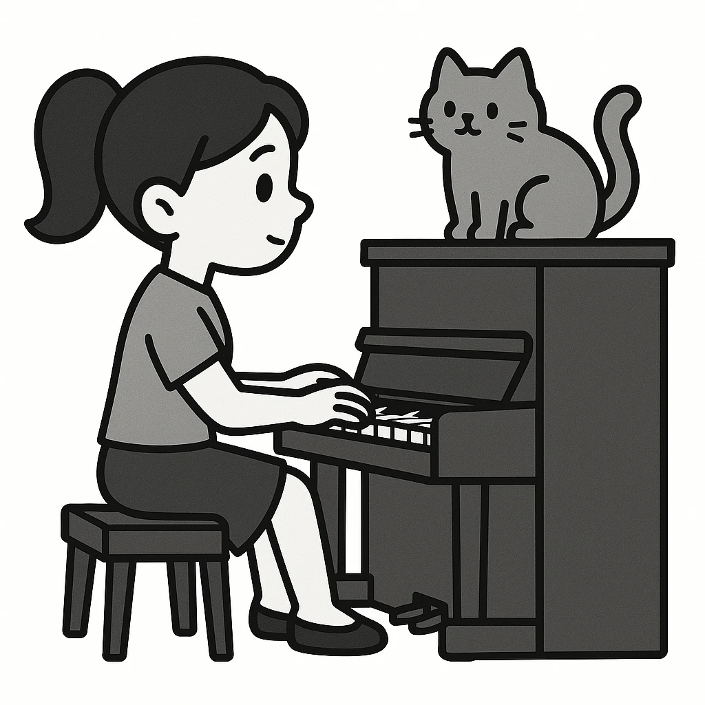 woman playing piano while her cat sits on top of the piano emoji