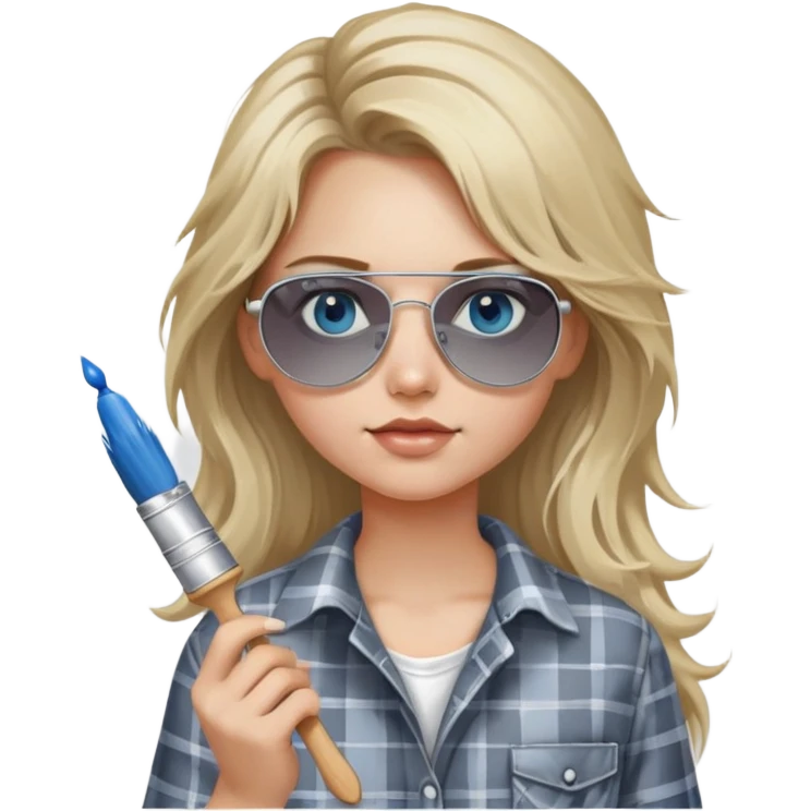 girl with long blond messy hair, wearing grey plaid shirt with blue eyes and aviator sunglasses wearing a ring on her silver necklace, holding a paint brush roller with white paint on her face emoji