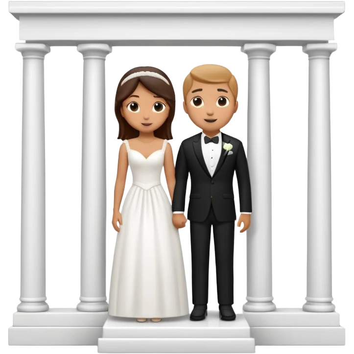 A 3D cartoon photo frame showing a formal courthouse wedding scene with a bride and groom standing together in front of white columns, neutral background, elegant lighting, realistic Memoji-style. emoji