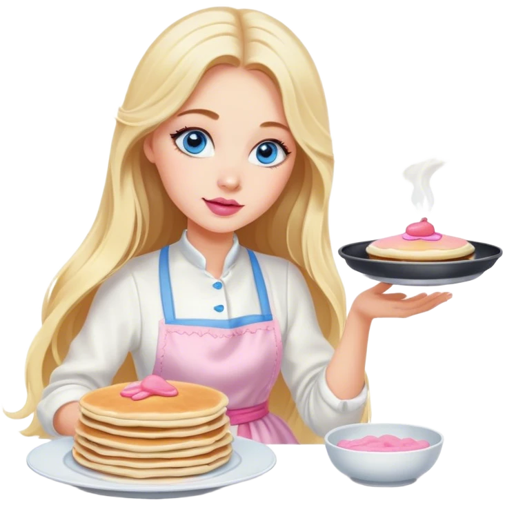 Cinematic realistic beautiful blonde with long hair, blue eyes and pink lips in a white dress cooks pancakes emoji