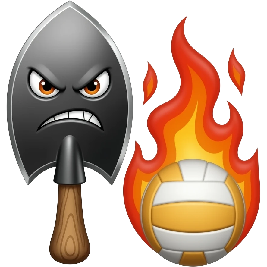 Fierce character cartoon spade emoji with flames and volleyball emoji