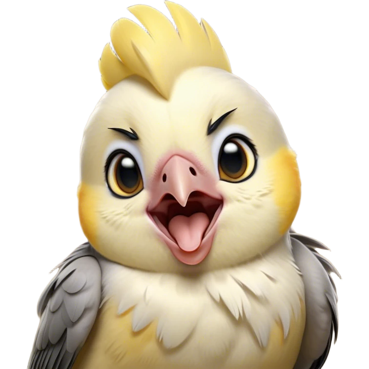 Cinematic Cute Yawning Cockatiel Portrait Emoji, Head tilted slightly with a dramatic, wide-open yawn, showcasing a soft grey fur with subtle yellow accents and gently drooping crest feathers, round dark eyes barely open in drowsy contentment, Simplified yet irresistibly adorable features, highly detailed, glowing with a soft, cozy glow, high shine, relaxed yet expressive, stylized with a touch of whimsy, bright and endearing, soft glowing outline, capturing the essence of a sleepy yet affectionate cockatiel, so drowsy it feels like it could stretch out of the screen and curl up for a nap! emoji