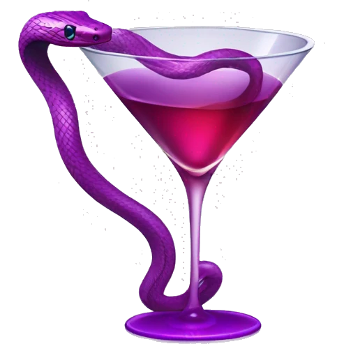 a snake wrapping around a martini glass in the form of a pharmaceutical logo in which is a violet-red liquid emoji